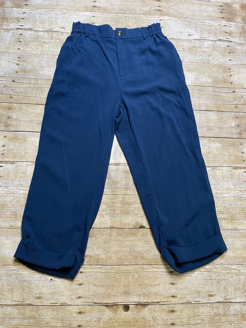 Halara Blue High Waisted Zipper Pocket Cropped Linen-Feel Pants